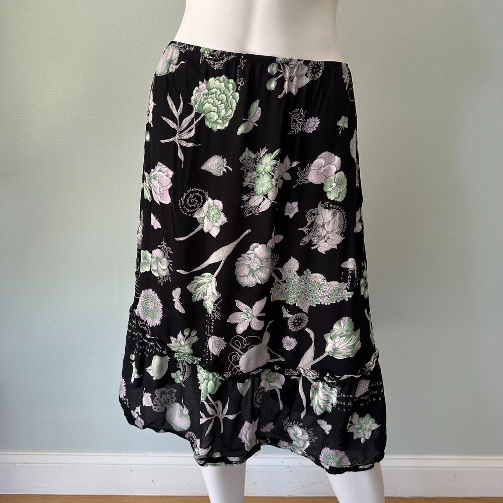 Vintage Y2k Floral Midi Skirt Black Green Lavender Tiered Ruffle Butterfly Sz S
